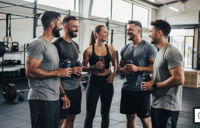 A group of happy athletes talking after a beginner CrossFit class at a Richmond gym.