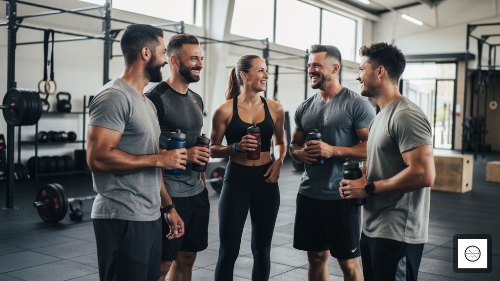 A group of happy athletes talking after a beginner CrossFit class at a Richmond gym.