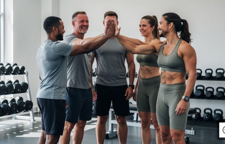 A group of people smiling and celebrating after finishing a CrossFit class in a Richmond gym.