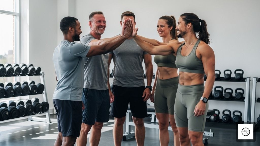 A group of people smiling and celebrating after finishing a CrossFit class in a Richmond gym.
