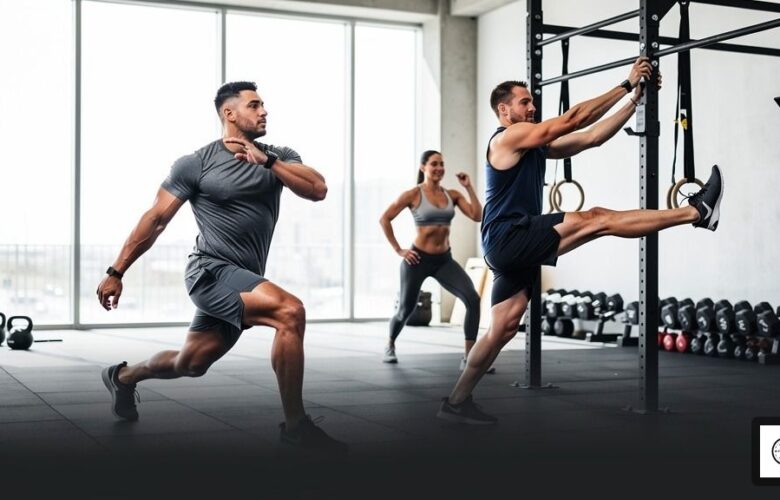 Athletes performing dynamic stretches as part of a CrossFit warm-up in a bright, modern gym in Richmond, BC.