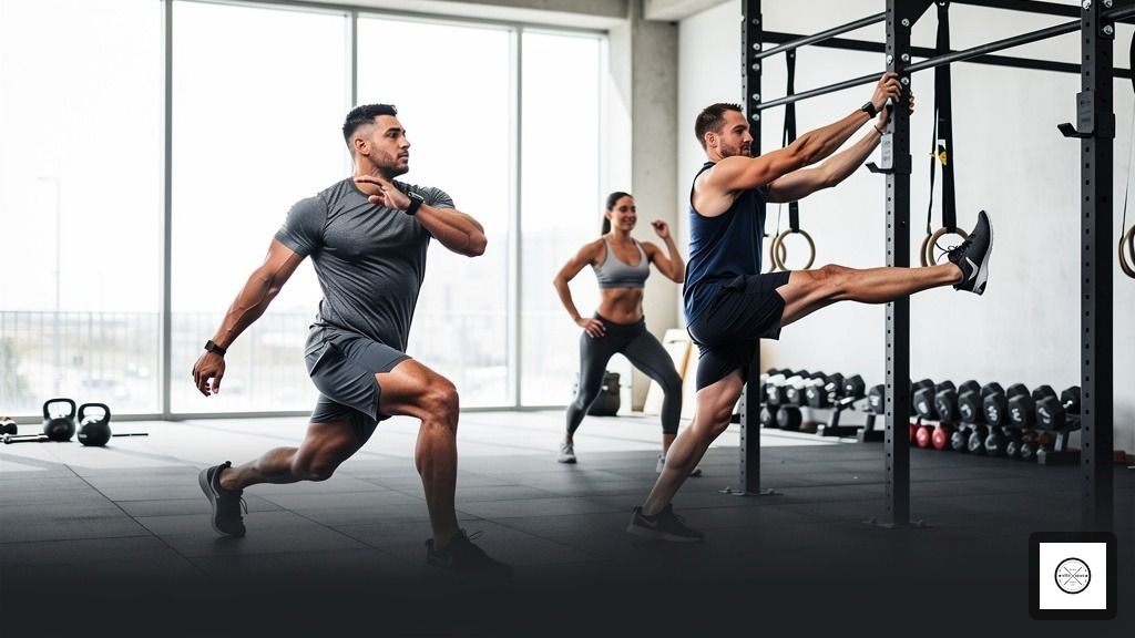 Athletes performing dynamic stretches as part of a CrossFit warm-up in a bright, modern gym in Richmond, BC.
