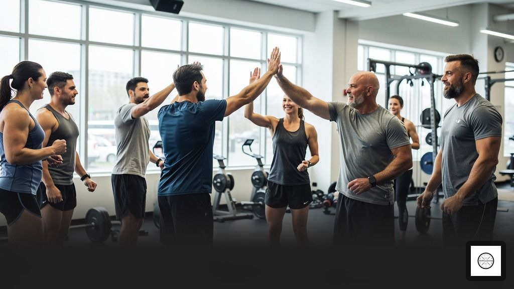 A group of athletes with diverse ages and fitness levels training together in a bright CrossFit gym in Richmond, BC.
