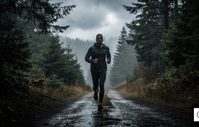A determined athlete training in the rain on a forest trail in Richmond, BC, embodying a resilient mindset.