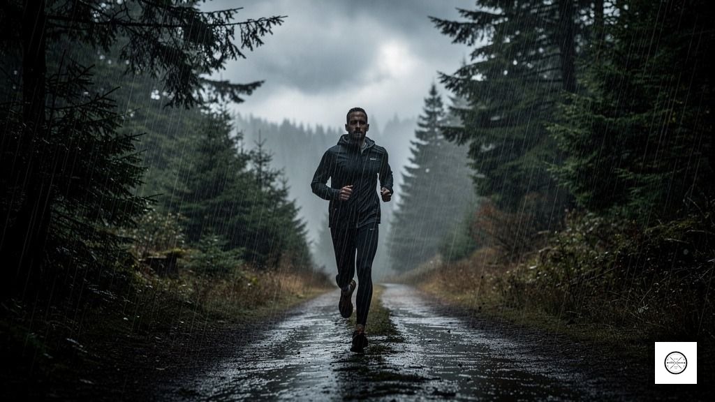 A determined athlete training in the rain on a forest trail in Richmond, BC, embodying a resilient mindset.