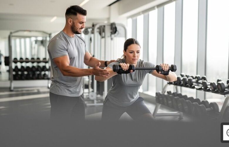 A certified personal trainer at a Richmond, BC gym provides one-on-one guidance to a client during a workout.