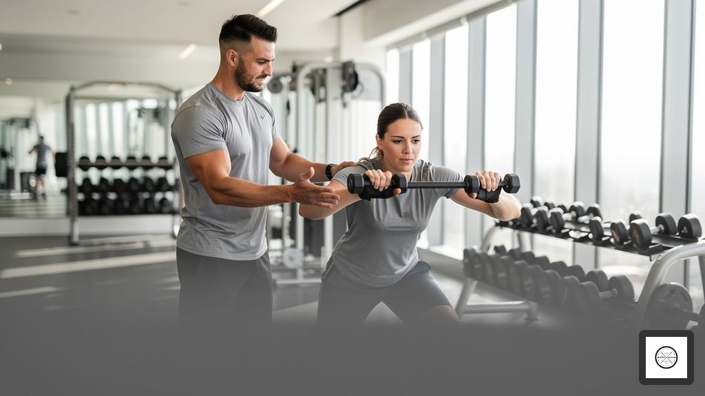 A certified personal trainer at a Richmond, BC gym provides one-on-one guidance to a client during a workout.
