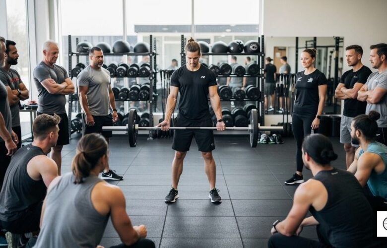 A group of athletes at Overdrive Athletic Club in Richmond, BC, listen to a coach's instructions before a CrossFit workout.