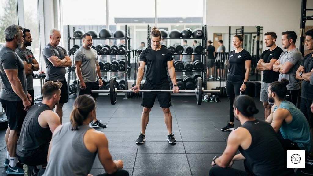 A group of athletes at Overdrive Athletic Club in Richmond, BC, listen to a coach's instructions before a CrossFit workout.